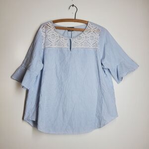 Van Heusen Blue Striped Women's Shirt with flutter sleeves with Lace.  Size XL